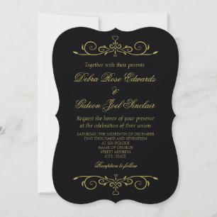Elegant Black and Gold Heart Flourish Wedding Invitation