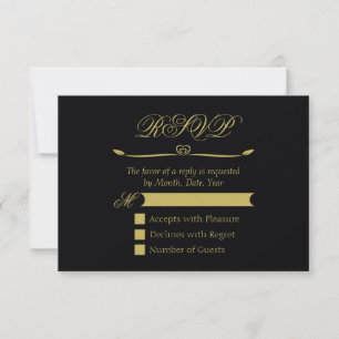 Elegant Black and Gold Heart Flourish Wedding RSVP Card
