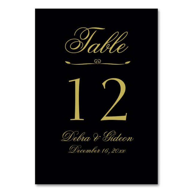 Elegant Black and Gold Heart Flourish Wedding Table Number (Front)