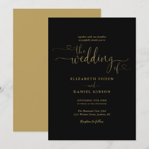 Elegant Black And Gold Hearts Calligraphy Wedding Invitation