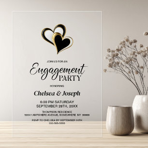 Elegant Black and Gold Hearts Engagement Party Acrylic Invitations