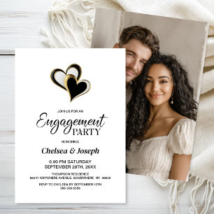 Elegant Black and Gold Hearts Engagement Party Invitation