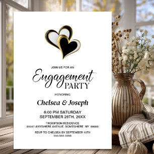 Elegant Black and Gold Hearts Engagement Party Invitation