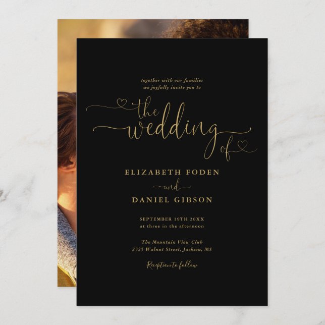 Elegant Black And Gold Hearts Script Photo Wedding Invitation (Front/Back)
