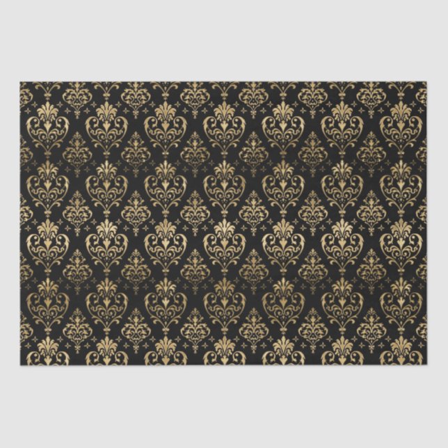 Elegant Black and Gold Hearts Valentine's Damask Tissue Paper (Front)
