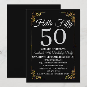 Elegant Black and Gold Hello 50th For Women Invitation
