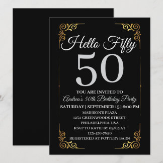 Elegant Black and Gold Hello 50th For Women  Invitation