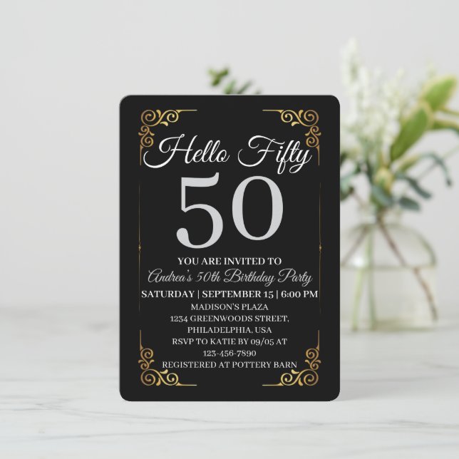 Elegant Black and Gold Hello 50th For Women  Invitation (Standing Front)