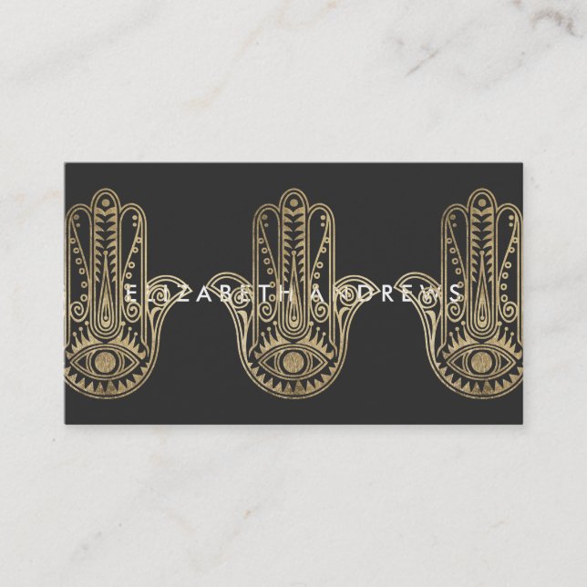 Elegant black and gold henna hamsa hand of Fatima Business Card (Front)