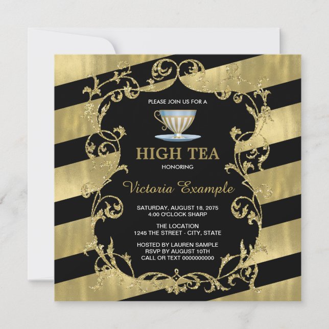 Elegant Black and Gold High Tea Invitation (Front)