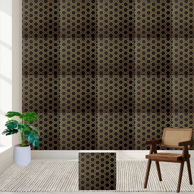 Elegant Black and Gold Honeycomb Hexagon Pattern  Tile (Elegant Black and Gold Honeycomb Hexagon Pattern Ceramic Tile)