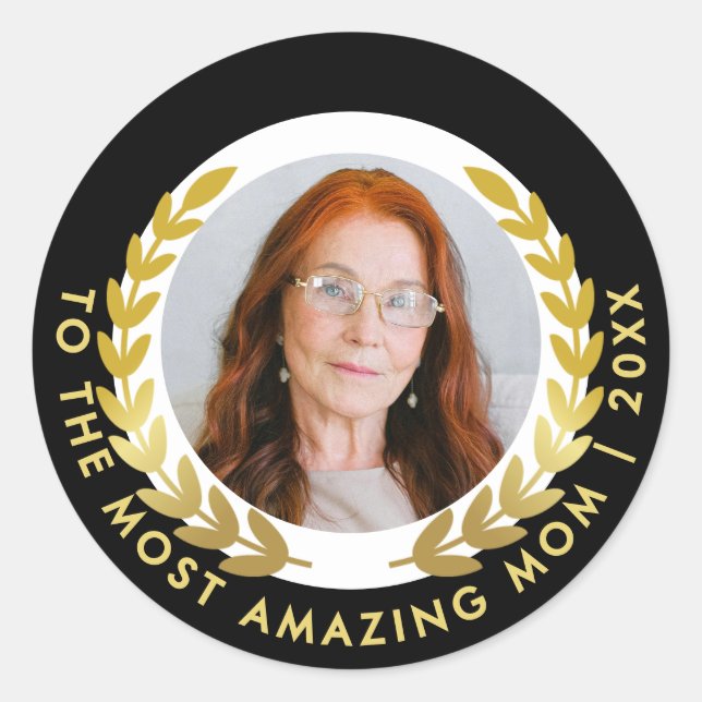 Elegant Black And Gold Laurel Wreath Tribute Photo Classic Round Sticker (Front)