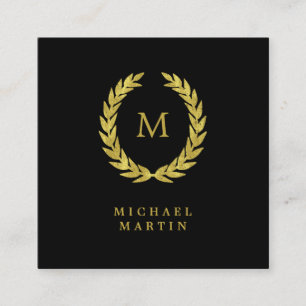 Elegant Black and Gold Laurel Wreath with Monogram Square Business Card
