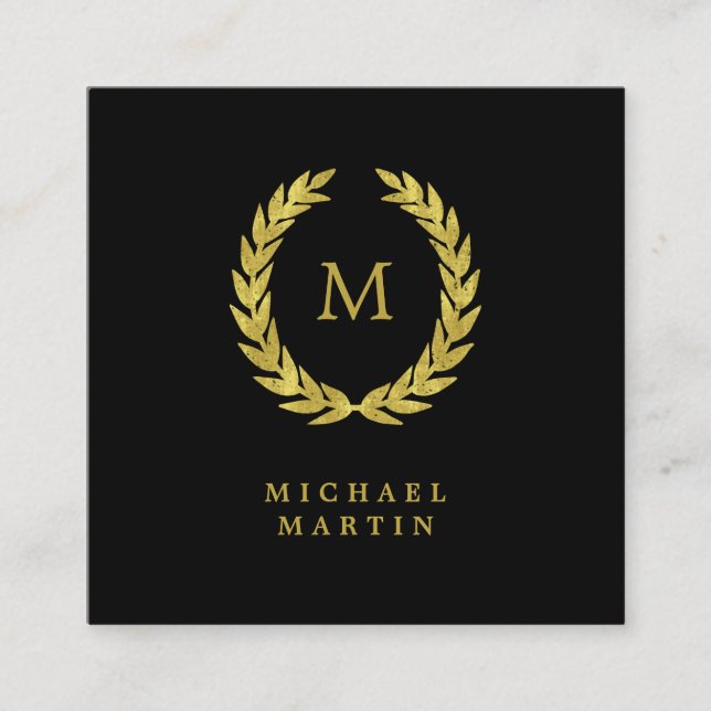 Elegant Black and Gold Laurel Wreath with Monogram Square Business Card (Front)
