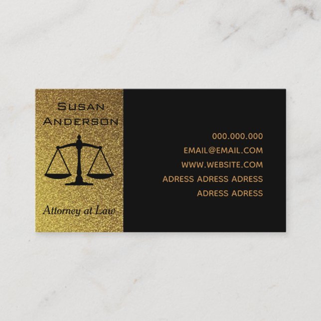 Elegant black and gold lawyer attorney business card (Front)