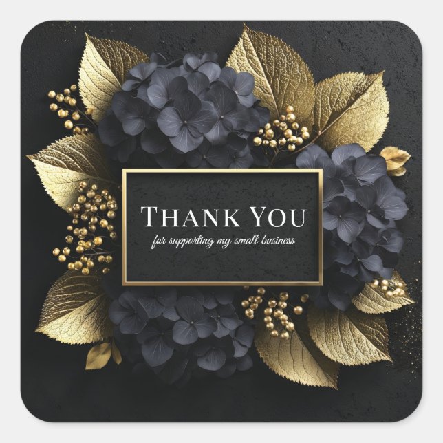 Elegant Black and Gold Leaf Hydrangea Luxury Flora Square Sticker (Front)