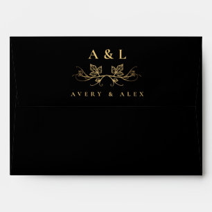 Elegant Black and Gold Leafy Crest Wedding Crest Envelope