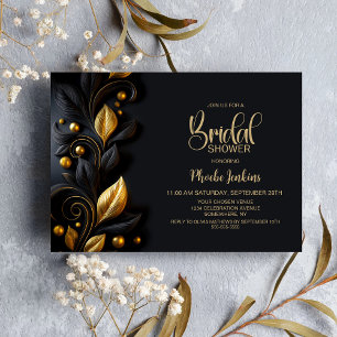 Elegant Black and Gold Leaves Bridal Shower Invitation