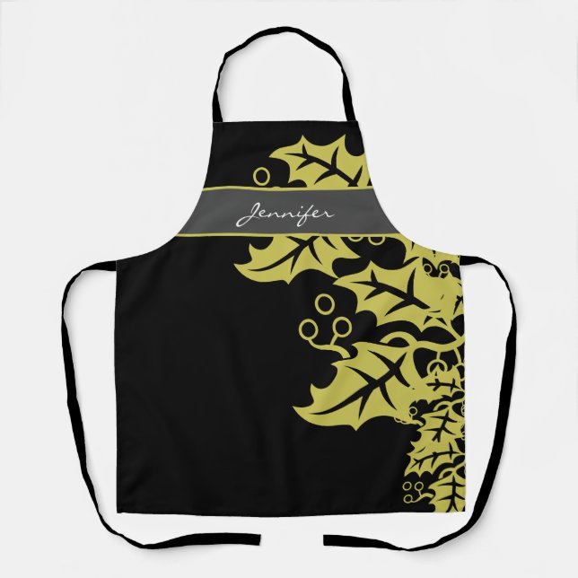 Elegant Black and Gold Leaves Personalised Apron (Front)