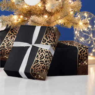 Elegant Black and Gold Leopard Glitter Wrapping Paper