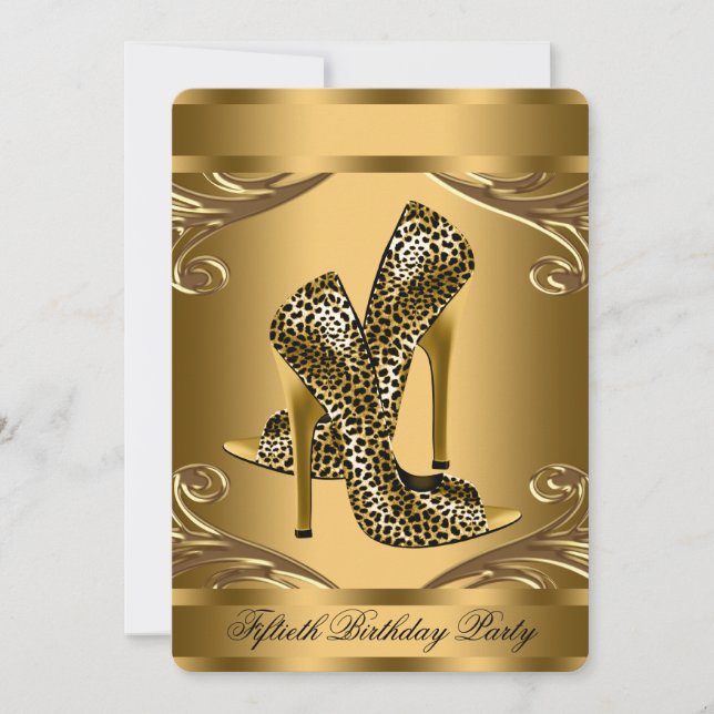 Elegant Black and Gold Leopard Shoe Birthday Party Invitation (Front)