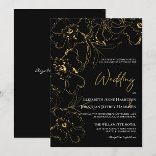 Elegant Black and Gold Line Art Floral Wedding Invitation