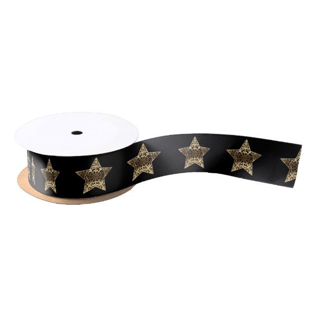 Elegant Black and Gold Look Christmas Stars Satin Ribbon (Spool)