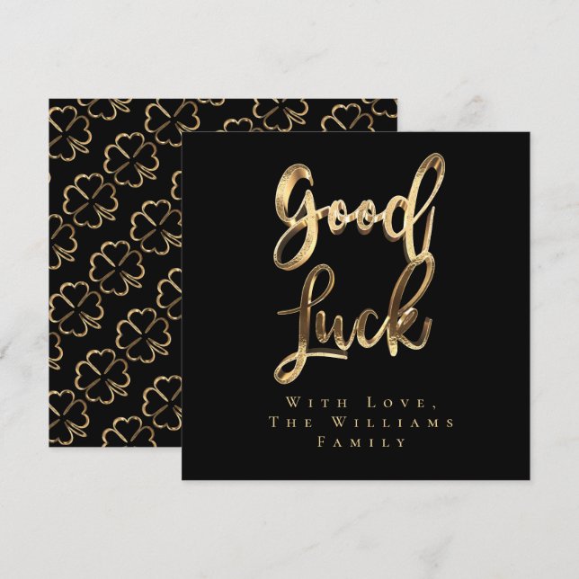 Elegant Black and Gold Look Clovers Good Luck Holiday Card (Front/Back)