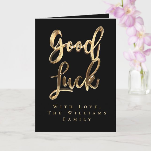Elegant Black and Gold Look Script Good Luck Card (Orchid)