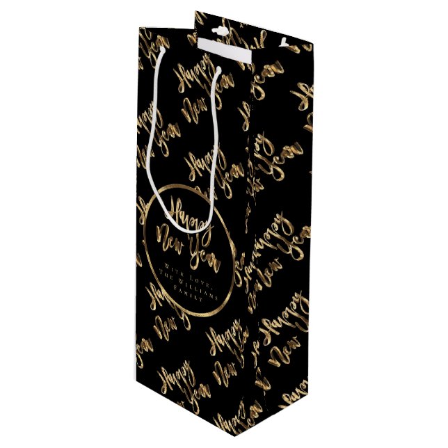 Elegant Black and Gold Look Script Happy New Year Wine Gift Bag (Front Angled)