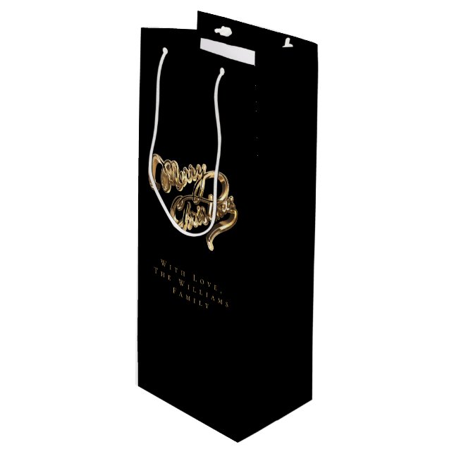Elegant Black and Gold Look Script Merry Christmas Wine Gift Bag (Front Angled)
