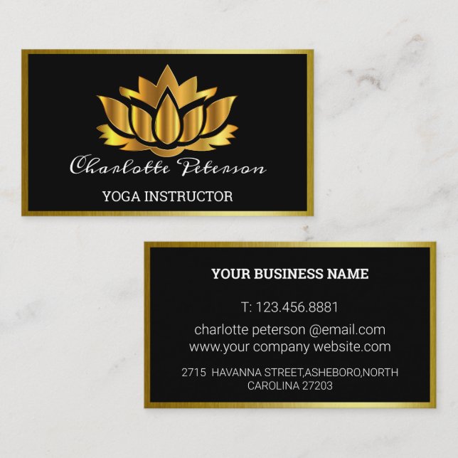Elegant Black and Gold Lotus  Business Card (Front/Back)