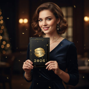 Elegant Black and Gold Luxury Happy New Year 2026 Holiday Card