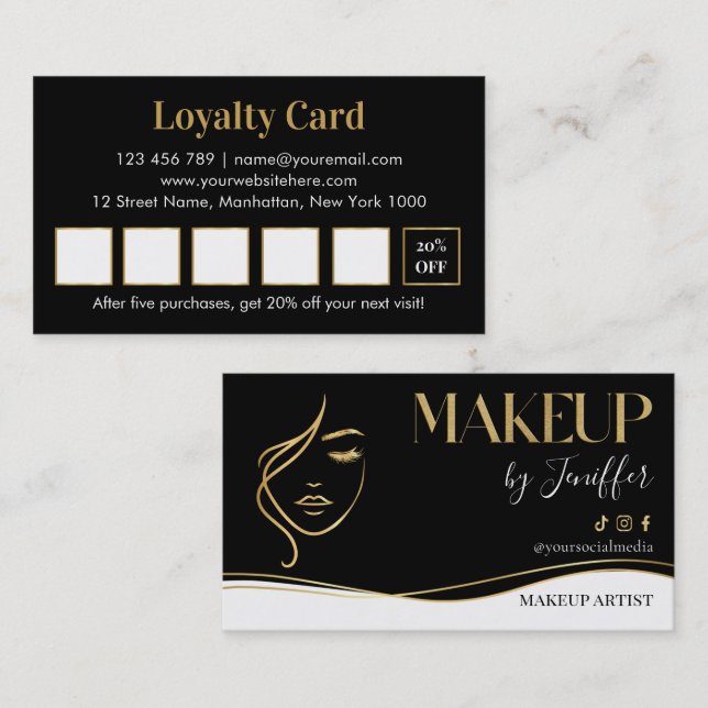 Elegant black and gold makeup artist Loyalty Card (Front/Back)
