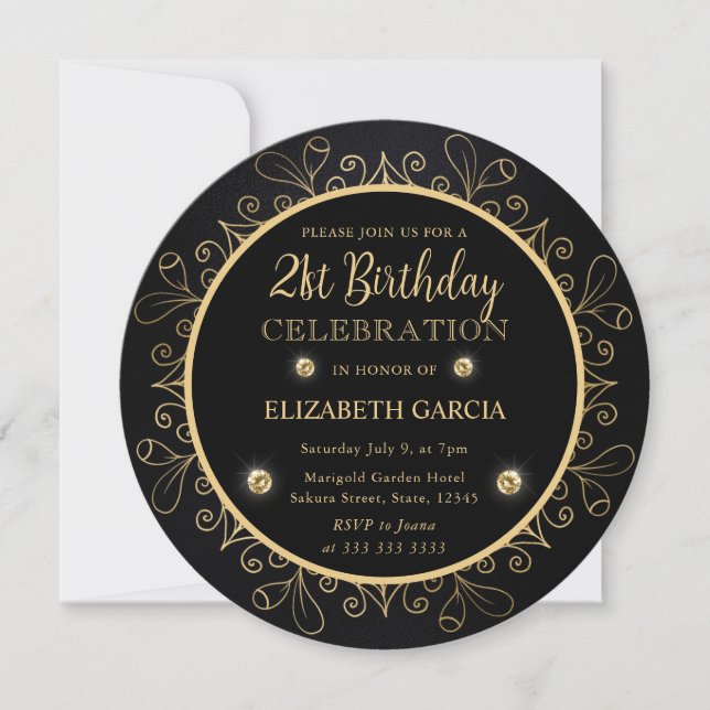 Elegant Black and Gold Mandala 21st Birthday Invitation (Front)