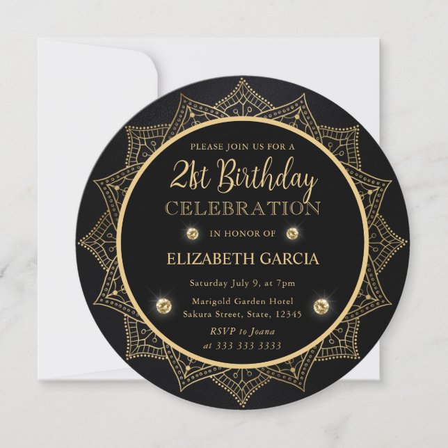 Elegant Black and Gold Mandala 21st Birthday Invitation (Front)