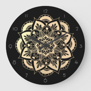 Elegant Black and Gold Mandala Flower Large Clock
