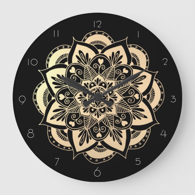 Elegant Black and Gold Mandala Flower Large Clock (Front)