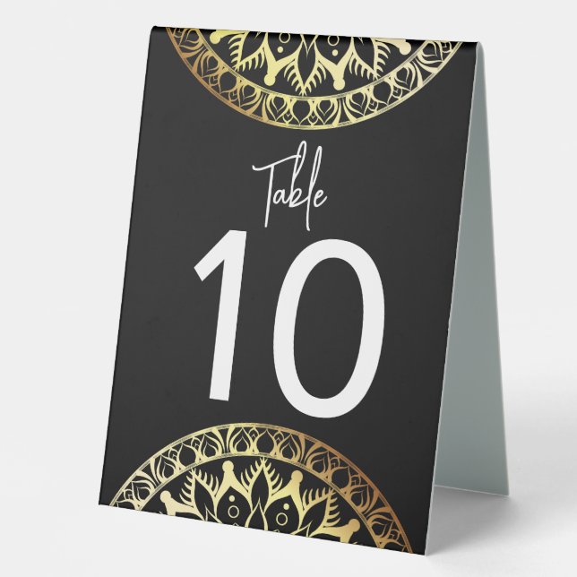 Elegant Black and Gold Mandala Table Number (Front)