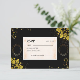 Elegant Black and Gold Mandala Wedding RSVP Card