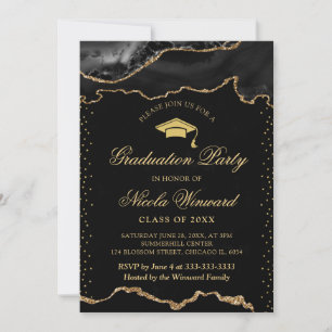 Elegant Black and Gold Marble Agate Graduation Invitation