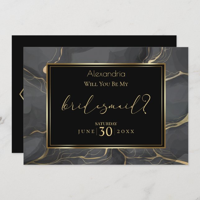 Elegant Black and Gold Marble Be My Bridesmaid Invitation (Front/Back)