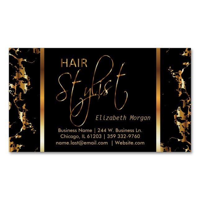 Elegant Black and Gold Marble Hair Stylist Magnetic Business Card (Front)