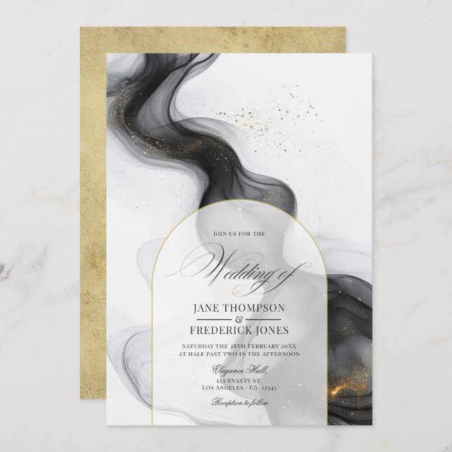 Elegant Black and Gold Marble Ink Wedding Invitation (Front/Back)
