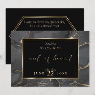 Elegant Black and Gold Marble  Maid of Honour Invitation