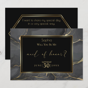 Elegant Black and Gold Marble  Maid of Honour Invitation