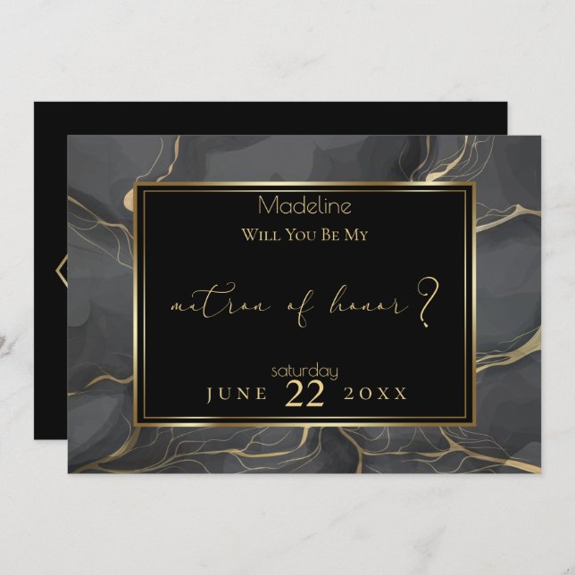 Elegant Black and Gold Marble Matron of Honour Invitation (Front/Back)