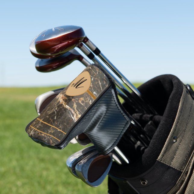 Elegant Black and Gold Marble Monogram putter Golf Head Cover (In Situ)