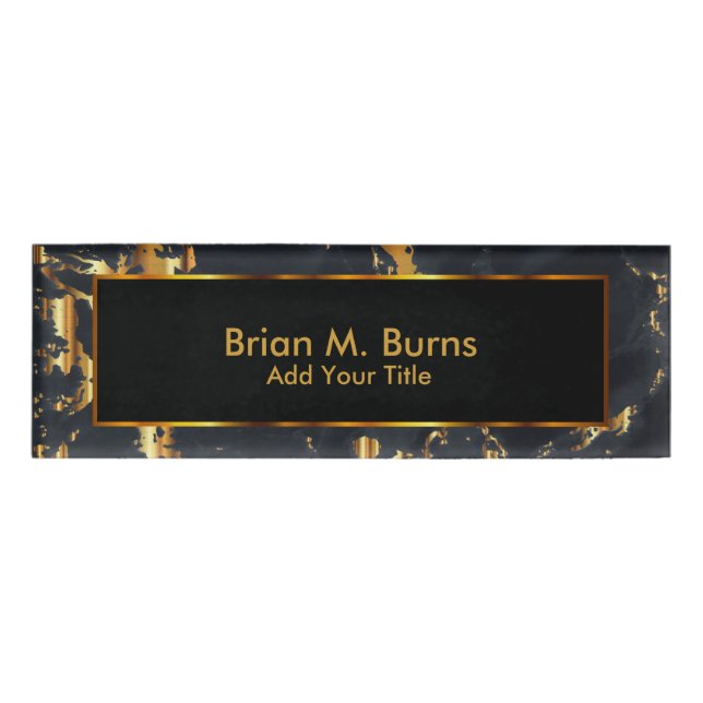 Elegant Black and Gold Marble Name Tag (Front)