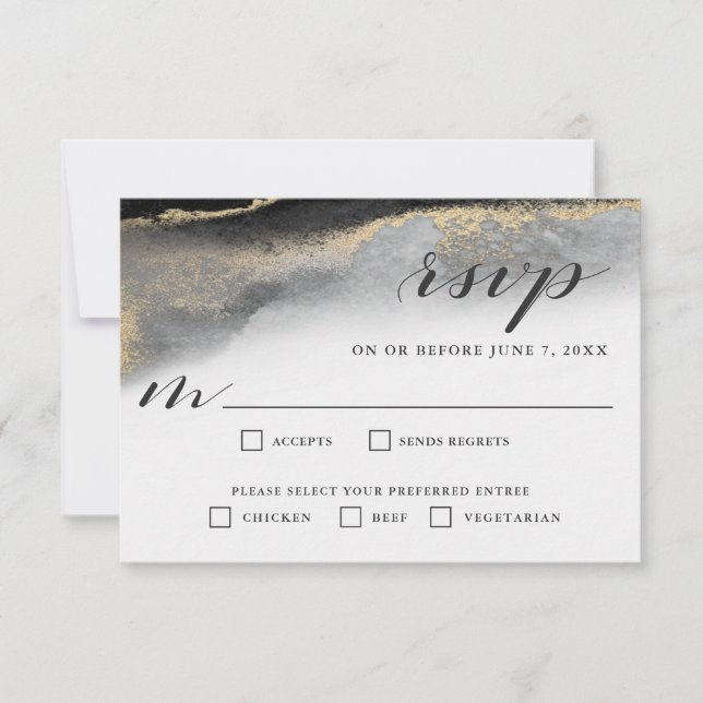 Elegant Black and Gold Marble RSVP Meal Selections (Front)